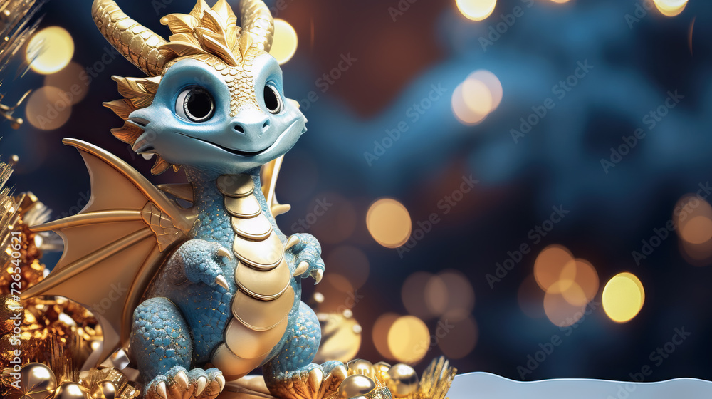 Fototapeta premium Banner with small cute dragon with bokeh winter snow background. Chinese New Year decoration close up of dancing dragon on festive background
