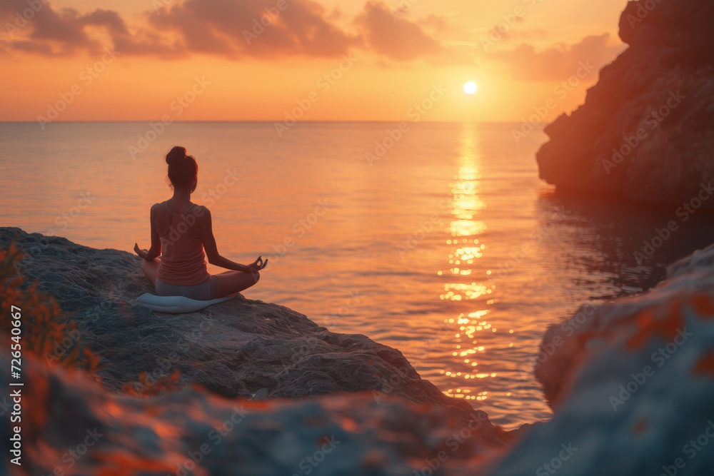 Serene Meditation at Seaside During Sunset
