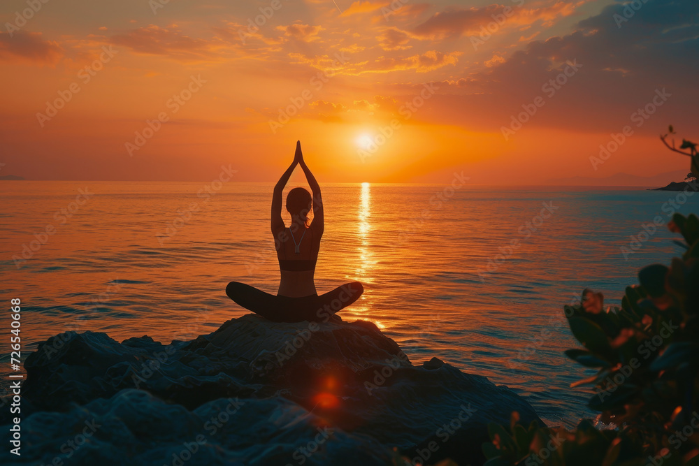 Silhouette of Yoga Pose Against Ocean Sunset

