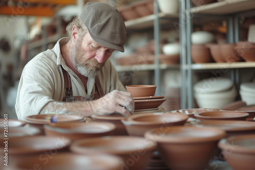 Focused Potter Finishing Ceramic Bowls in Studio 