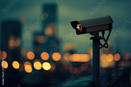 A solitary camera perched on a tall pole captures the bustling city below, its lights and skyscrapers creating a mesmerizing contrast against the dark night sky