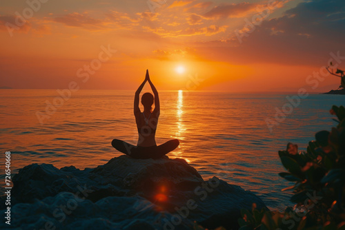 Silhouette of Yoga Pose Against Ocean Sunset 