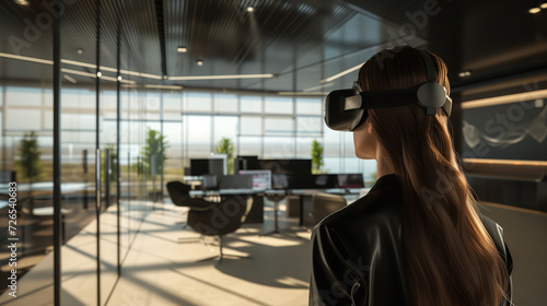 A woman in virtual reality glasses in an office setting. Immersed in the digital realm, she navigates virtual landscapes, seamlessly blending the boundaries between the physical and virtual worlds © sandsun