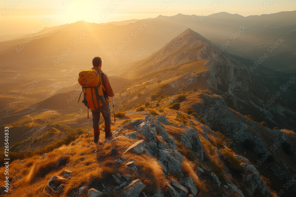 Hiker Watching Sunrise Over Mountain Ridge
Hiker Watching Sunrise Over Mountain Ridge