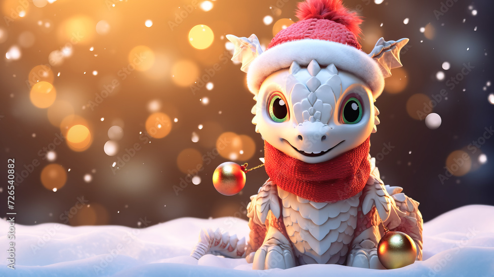 Banner with small cute dragon with bokeh winter snow background. Chinese New Year decoration close up of dancing dragon on festive background
