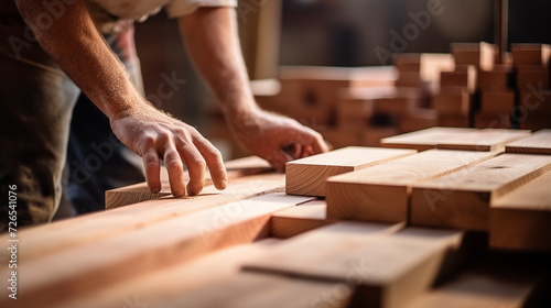 A carpenter is seen working on wooden boards and floors, using tools like saws, in a construction setting