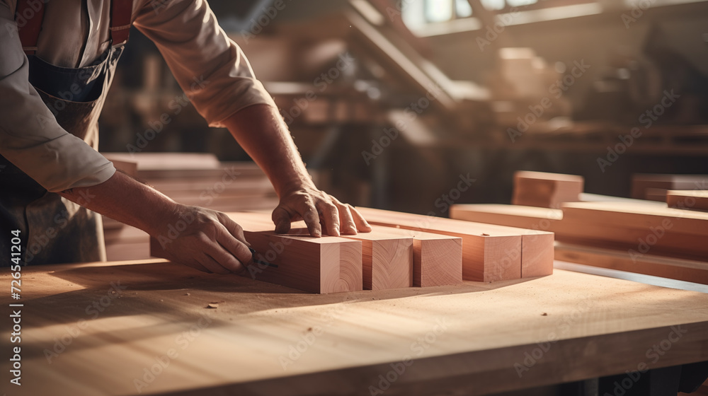 A carpenter is seen working on wooden boards and floors, using tools like saws, in a construction setting A carpenter is seen working on wooden boards and floors, using tools like saws, in a construction setting