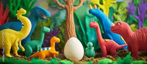 Using modeling clay, kids can create colorful dinosaur and animal sculptures for educational and artistic purposes, such as a white egg in a tree, with various shades of red, yellow, green, blue, and © AkuAku