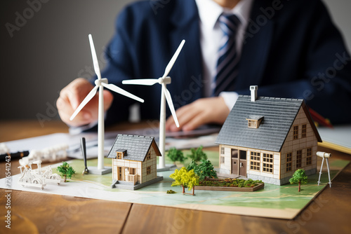 Wind turbine powers homes in scenic countryside,Close-up of teacher, student ,house model with solar system and wind turbine during a school lesson