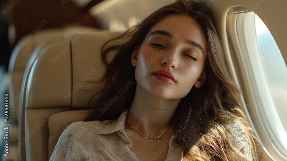 a photo of an elegant woman on a private jet sleeping beside a window, close-up portrait