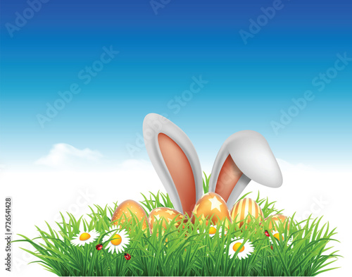 Happy Easter greeting card. Rabbit ears peeping out of grass with daisies.  High detailed realistic illustration.