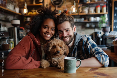 Mixed race couple in the coffee shop with a dog. Dog friendly coffee place concept. Couple and dog in dog cafe.