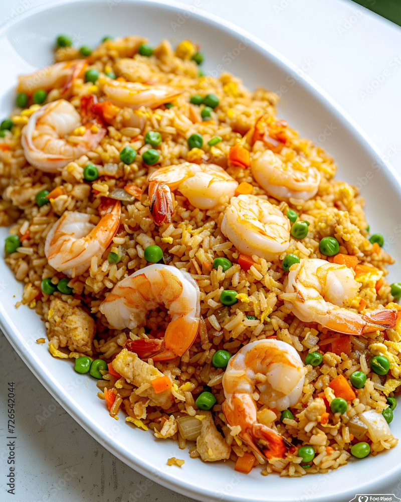 Shrimp Fried Rice on white plate, photo for the restaurant menu Shrimp Fried Rice on white plate, photo for the restaurant menu