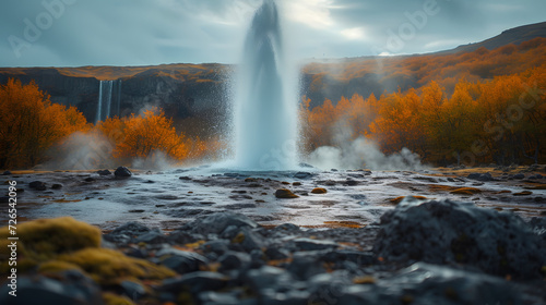 A geyser in action, with water shooting high against a backdrop of moss-covered rocks, during a windy autumn day