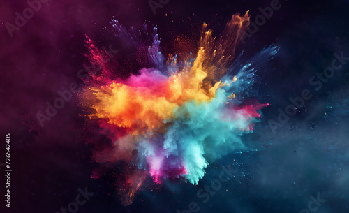 Explosion of colorful Holi powder on black background.