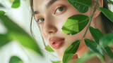 A beautiful close-up portrait of a woman face and sweet green nature leaves