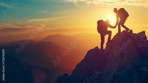 Cooperation, camaraderie, hiking, mutual trust, support, silhouette in the mountains, dawn. Two male hikers working together as a team to climb a mountain and enjoy a stunning sunrise