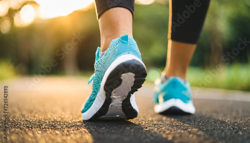 young female runner poised at the starting line, close-up of athletic shoe, ready for outdoor sports competition
