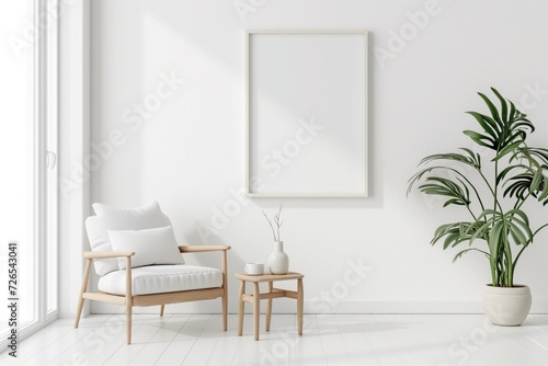 Mock up frame in white home interior background, bright room with minimal decor
