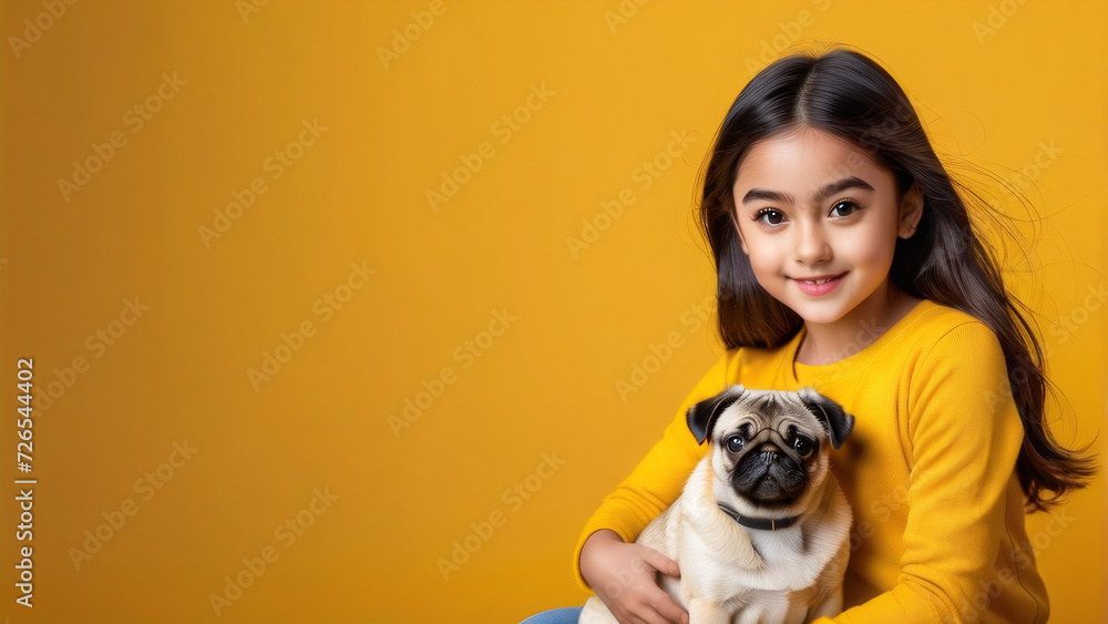 A captivating image capturing the essence of a young girl with an adorable pug, set against a vibrant yellow backdrop. A captivating image capturing the essence of a young girl with an adorable pug, set against a vibrant yellow backdrop.