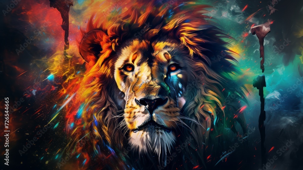 Rainbow lion head Abstract art. Neural network AI generated art