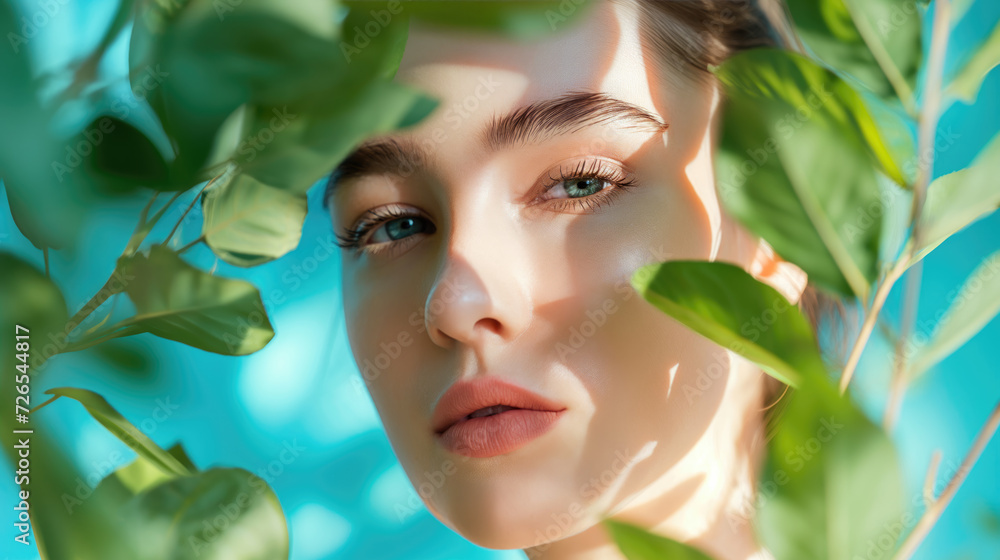Captivating image of a woman's face surrounded by natural leaves, promoting anti-aging beauty and holistic wellness Captivating image of a woman's face surrounded by natural leaves, promoting anti-aging beauty and holistic wellness