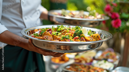 Waiter elegantly carries plates with Indian dishes at a festive event