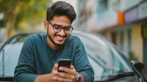 Joyful young man smiling while texting on mobile phone, leaning on his car