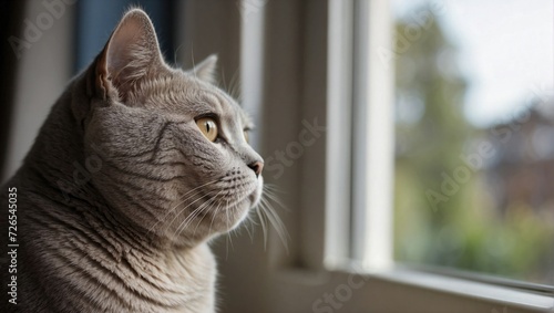 A contemplative British Shorthair cat with striking yellow eyes sits by a window, displaying a silver tabby coat and a focused gaze.