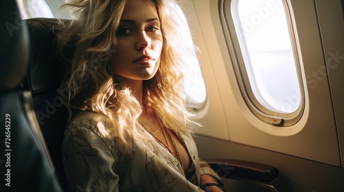 Beautiful woman with long hair seated by the plane window, captivating the journey's beauty and elegance