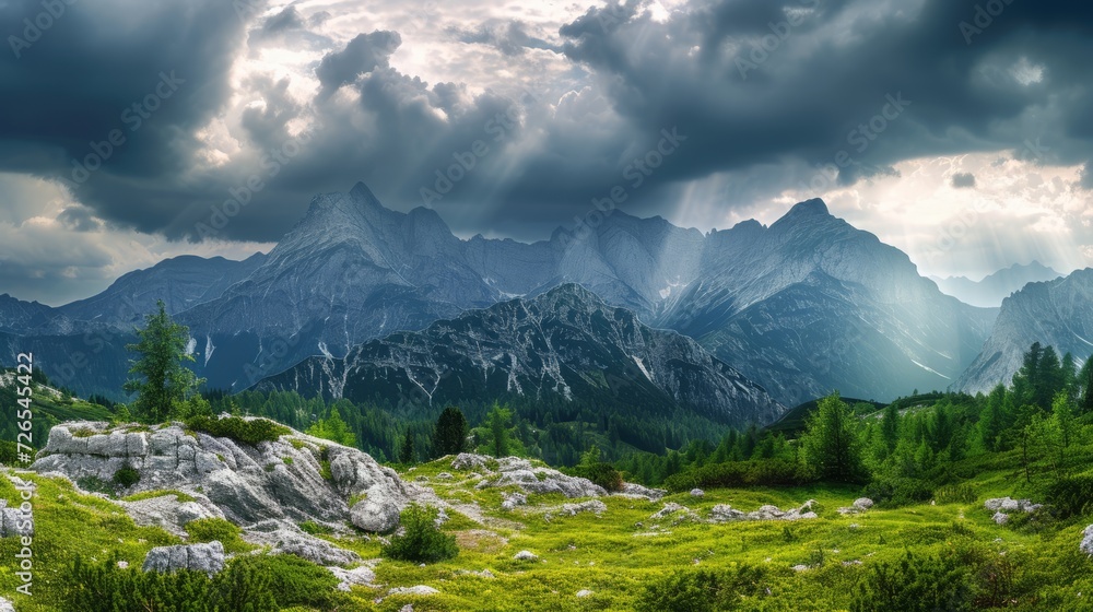 Summer landscape with dramatic dark cloudy sky over Triglav mountains range in Julian Alps - seasonal travel background