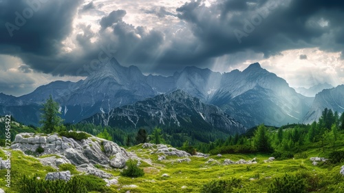 Summer landscape with dramatic dark cloudy sky over Triglav mountains range in Julian Alps - seasonal travel background © Emil