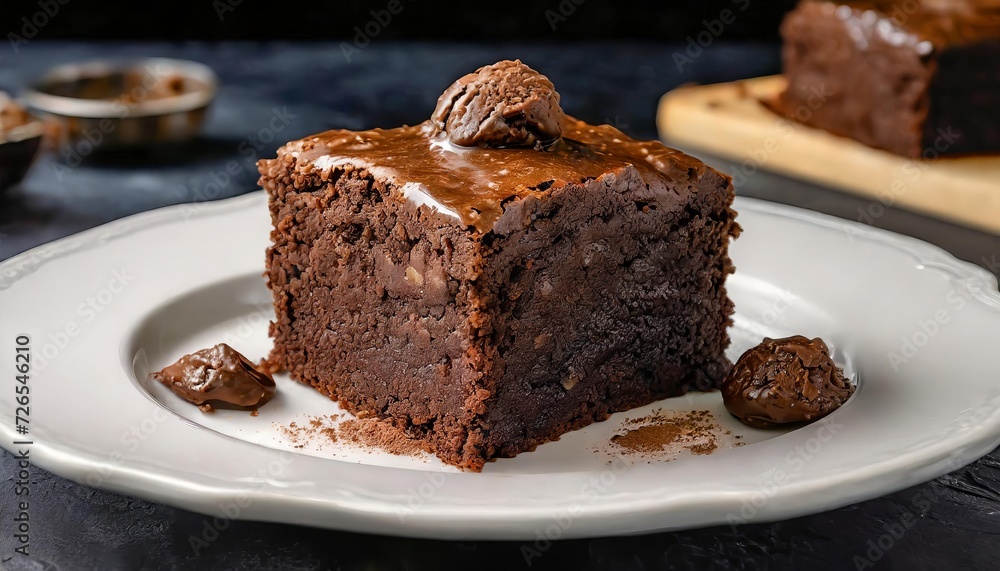 Close up Photo of Fresh Classic Brownie on a white plate, dark background, Baked to Perfect Close up Photo of Fresh Classic Brownie on a white plate, dark background, Baked to Perfect