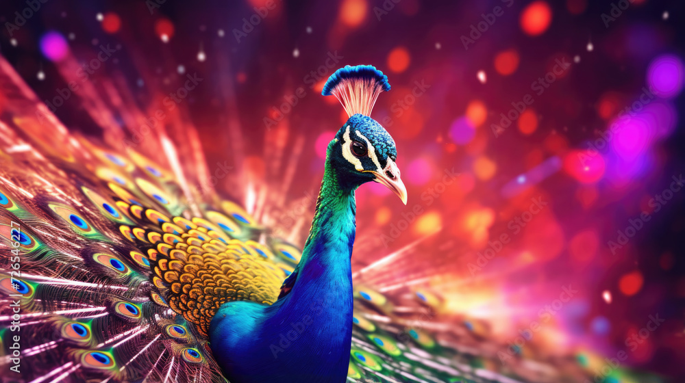 A vibrant peacock DJ, dazzling the crowd with a kaleidoscope of sounds and colors A vibrant peacock DJ, dazzling the crowd with a kaleidoscope of sounds and colors
