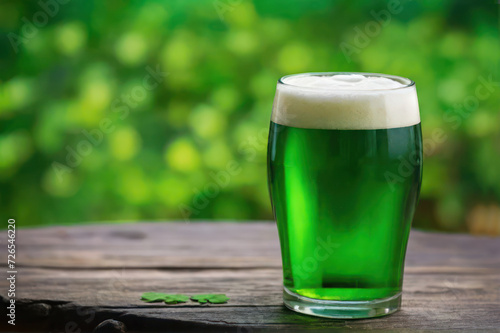 green beer decorated with clover, traditional treats and drinks for St. Patricks day