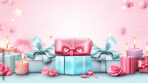 on a pink background, pink and blue gifts, with bows, candles, flowers and balls