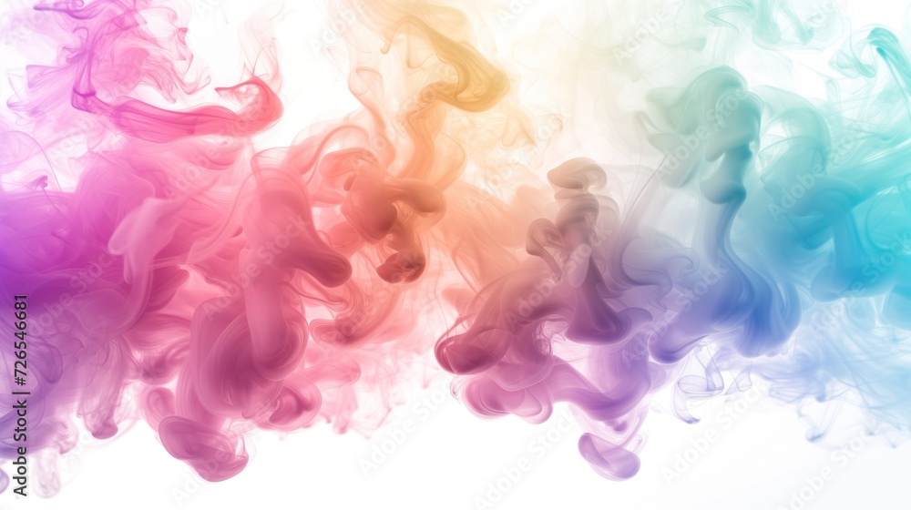 Colorful smoke cloud in front of white background.