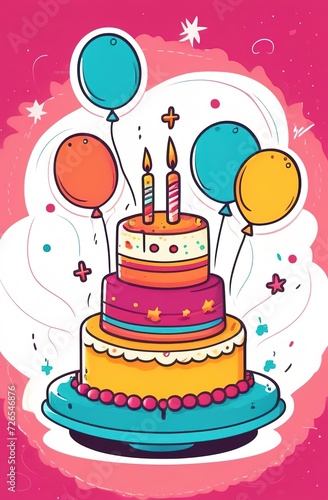 Birthday cake with balloons greeting card cartoon illustration colorful candles sweet anniversary