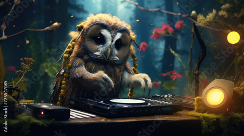 A wise owl in DJ gear,  orchestrating enchanting melodies in a mystical forest clearing photo