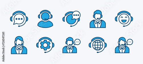 Customer service and support icon set. Containing assistance, technical support, call center, hotline, operator, staff, and agent communication for app and website. Vector illustration