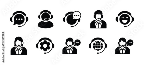 Customer service and support icon set. Containing assistance, technical support, call center, hotline, operator, staff, and agent communication for app and website. Vector illustration photo