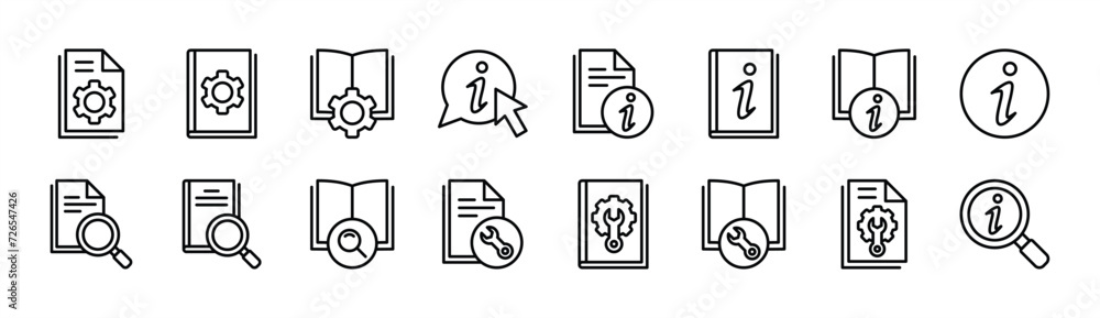 Manual book thin line icon set. User guide book icon collection. Containing instruction, information, guide, reference, help and support. Vector illustration - obrazy, fototapety, plakaty 