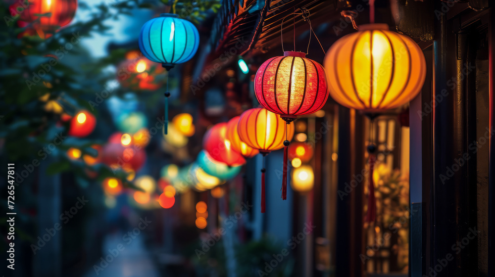 Obraz premium Evening ambiance with colorful street lanterns