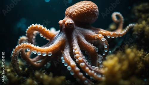 Octopus. Close-up of a large octopus with tentacles. Marine life. Selective focus. AI generated © Alex Puhovoy