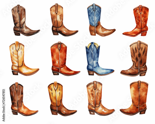 Different models of cowboy boots. Vector set of watercolor cliparts