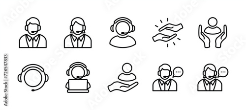 Customer service and support thin line icon set. Containing communication and help instruction for assistance, operator, call center and technical support. Vector illustration