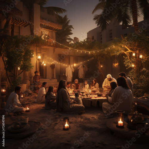 A scene depicting an Arab family in the atmosphere of Ramadan