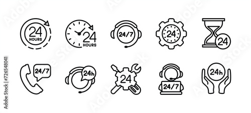 24 hours thin line icon set. Customer service and support 24 hours a week icons. Containing assistance, help, operator, call center and technical support. Vector illustration