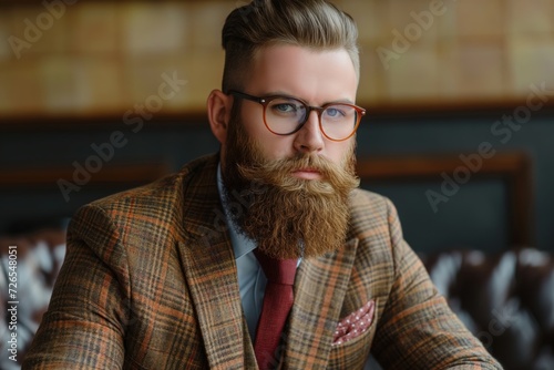 A young bearded Caucasian man wearing a brown checkered suit, tie and glasses looking at the camera