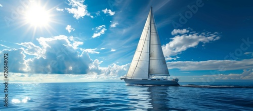 A bright sail yacht glides on the sea beneath a blue sky.